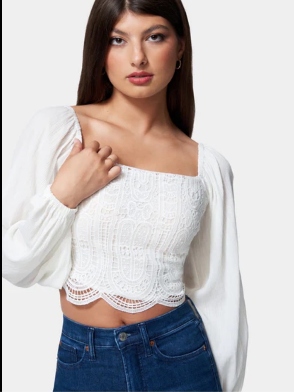 bebe White Lace Crop Top with Puff Sleeves